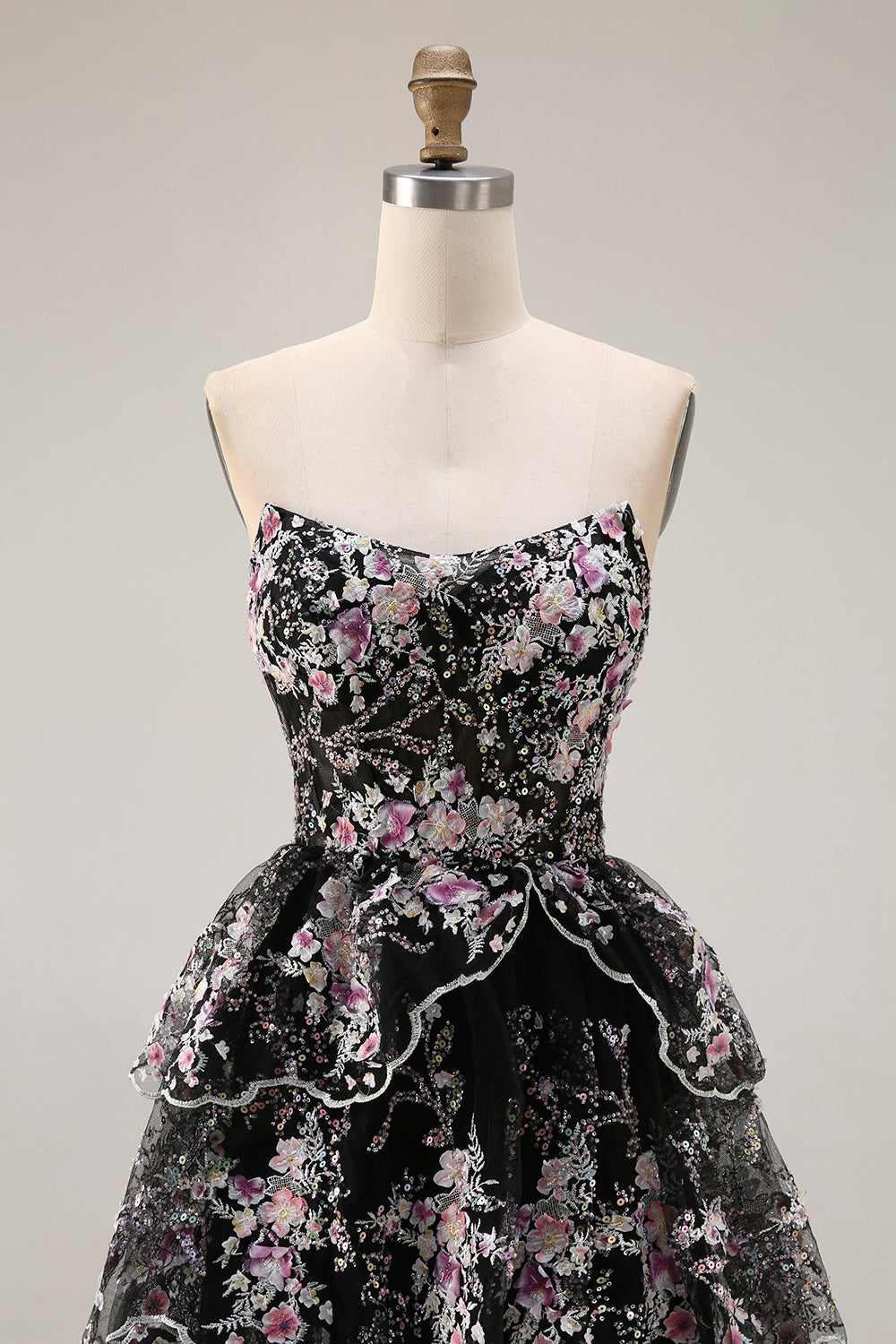 Black Pink Flower Strapless A-Line Tiered Sequin Long Prom Dress with Lace Up Back