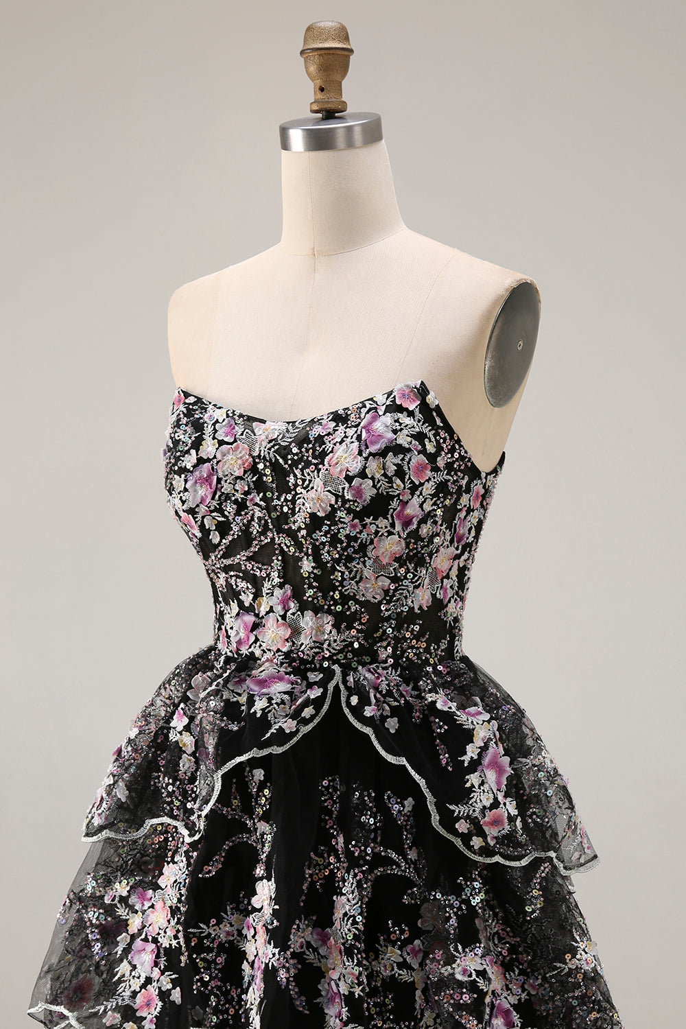 Black Pink Flower A-Line Strapless Tiered Sequin Long Prom Dress with Lace Up Back