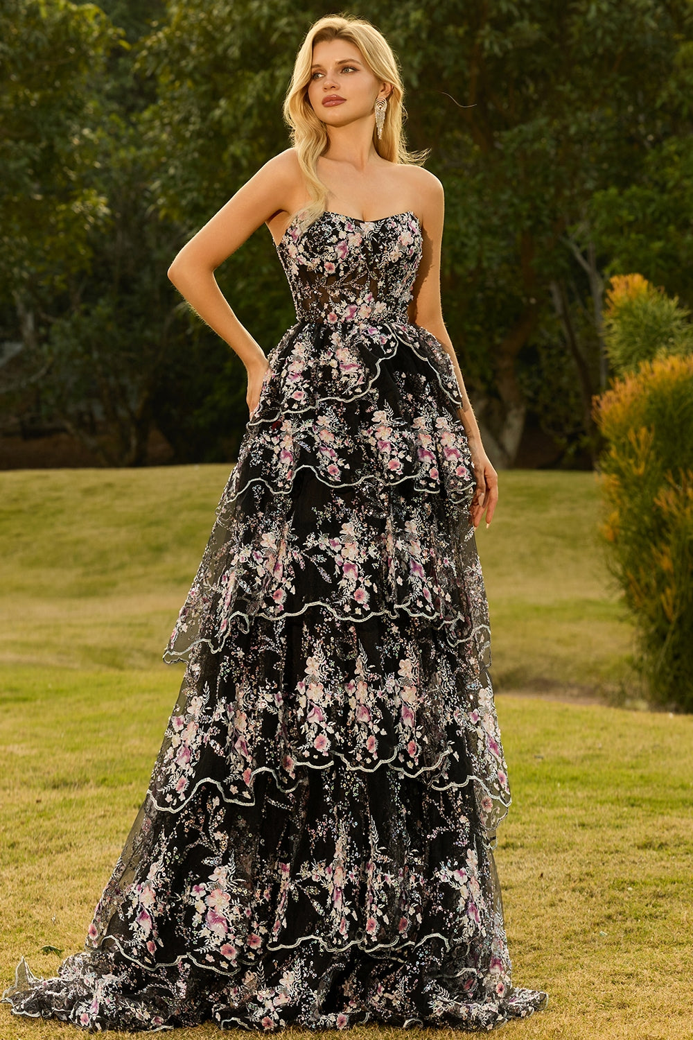Strapless A-Line White Pink Flower Tiered Sequin Long Prom Dress with Lace Up Back