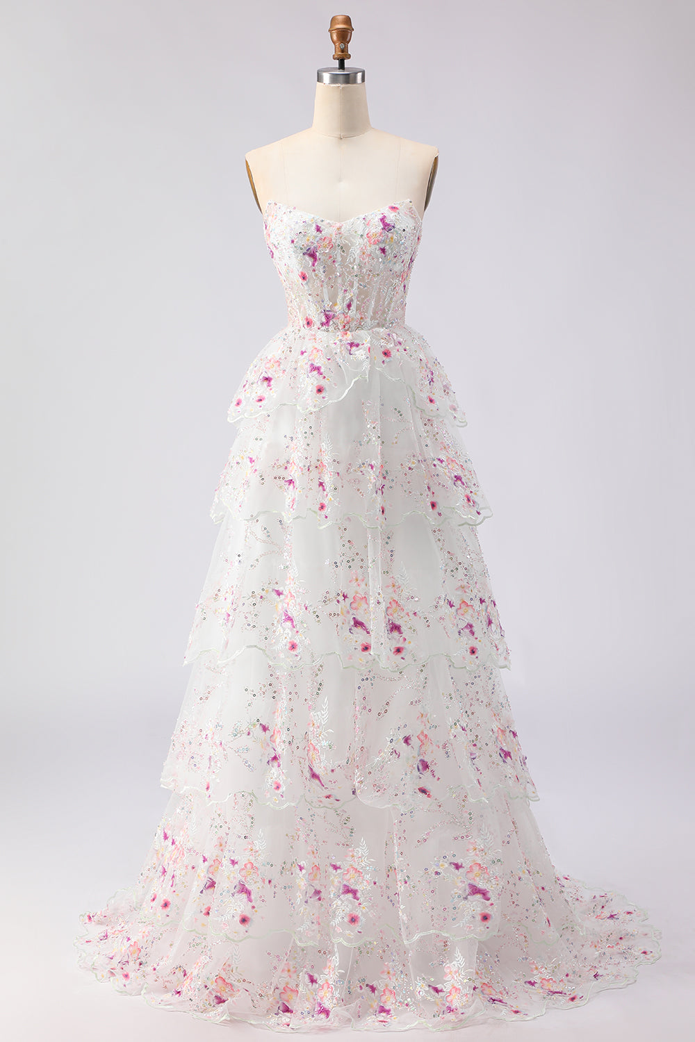Black Pink Flower A-Line Strapless Tiered Sequin Long Prom Dress with Lace Up Back
