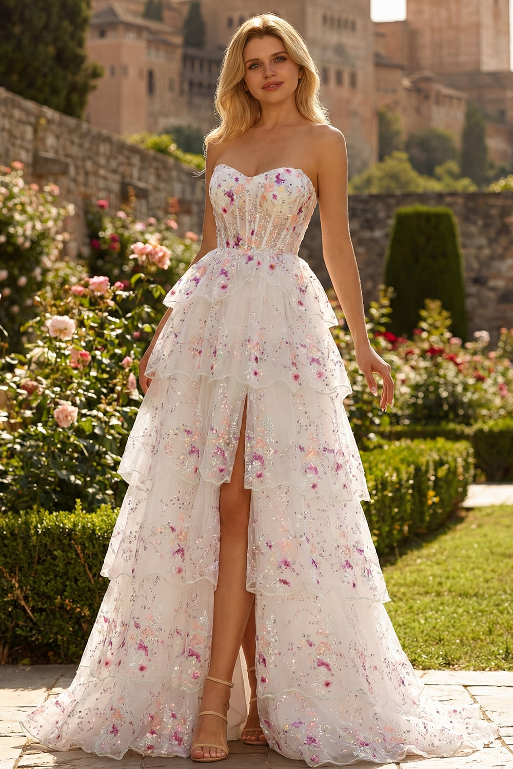 Black Pink Flower Strapless A-Line Tiered Sequin Long Prom Dress with Lace Up Back