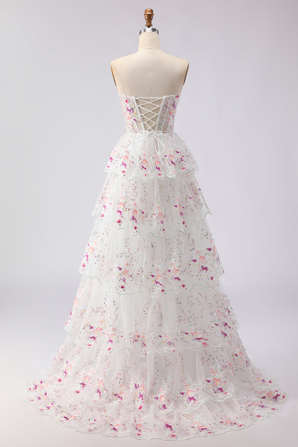 Black Pink Flower Strapless A-Line Tiered Sequin Long Prom Dress with Lace Up Back