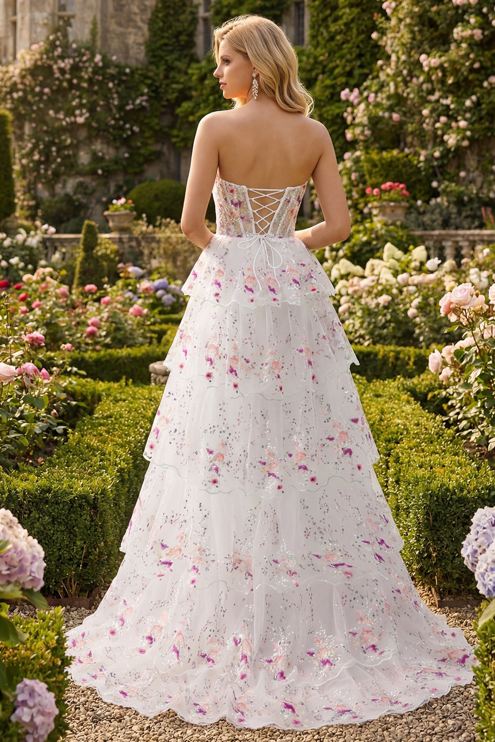 Black Pink Flower Strapless A-Line Tiered Sequin Long Prom Dress with Lace Up Back