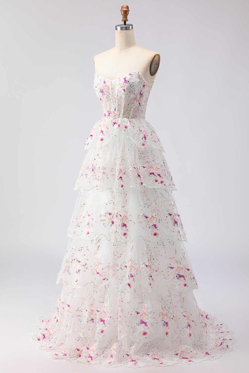 Black Pink Flower Strapless A-Line Tiered Sequin Long Prom Dress with Lace Up Back