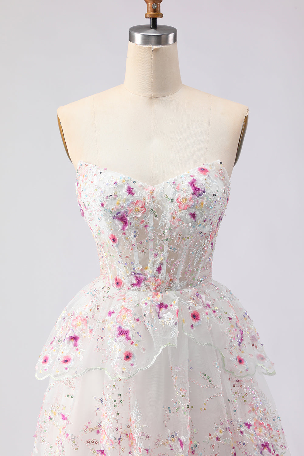 Black Pink Flower Strapless A-Line Tiered Sequin Long Prom Dress with Lace Up Back