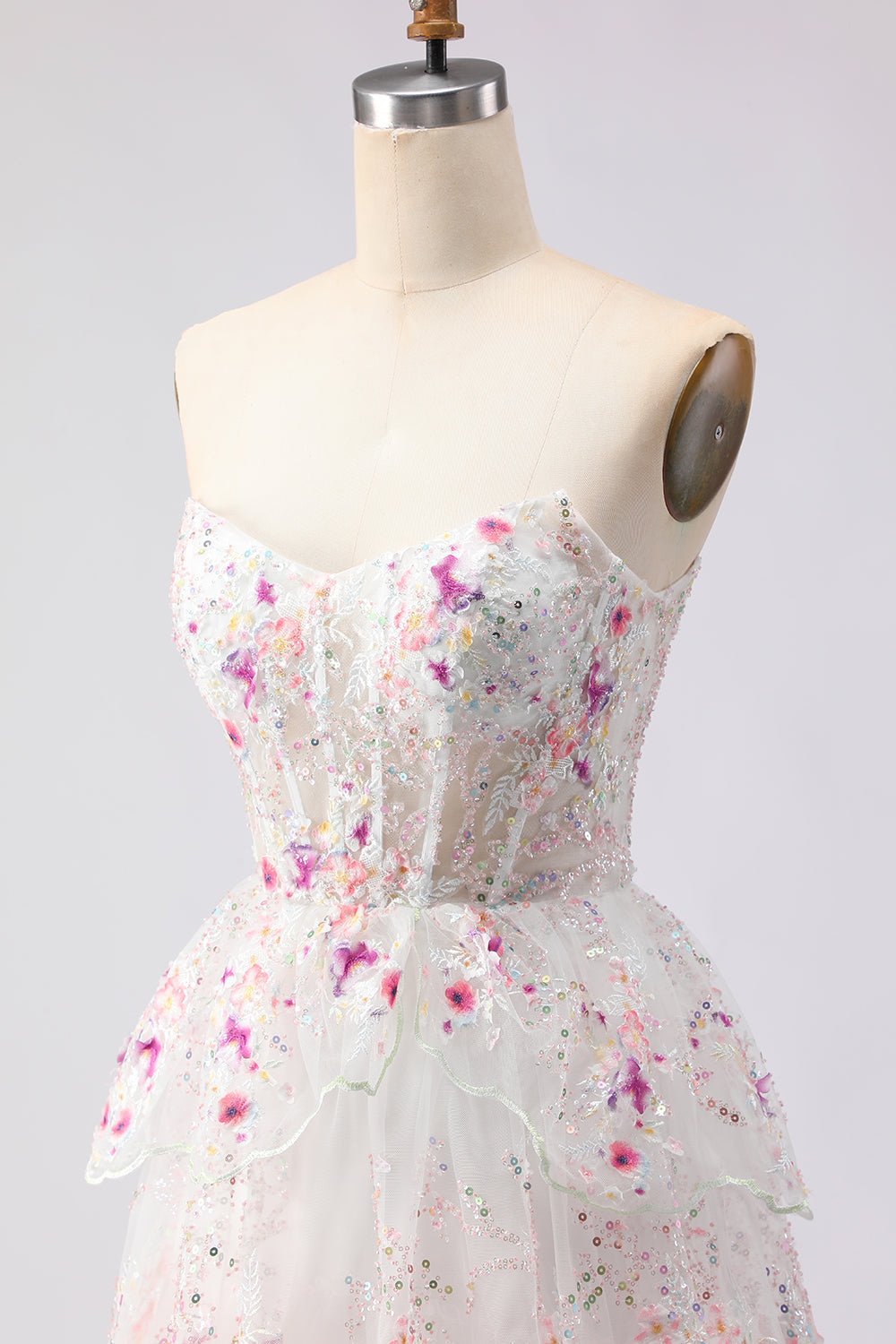 Black Pink Flower A-Line Strapless Tiered Sequin Long Prom Dress with Lace Up Back
