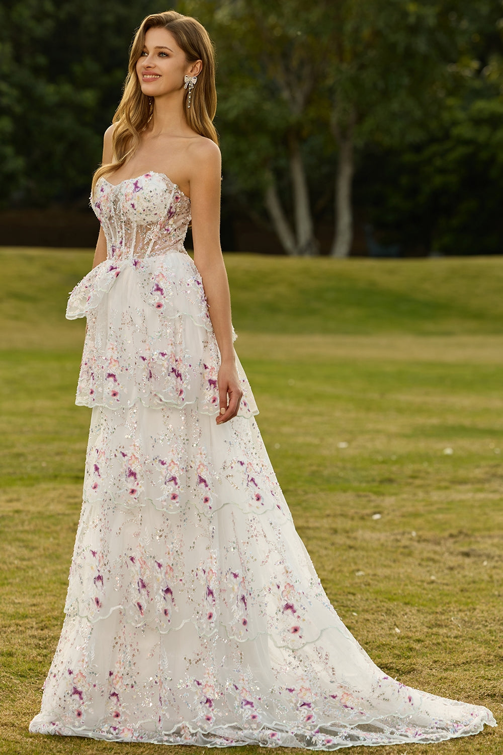 Strapless A-Line White Pink Flower Tiered Sequin Long Prom Dress with Lace Up Back