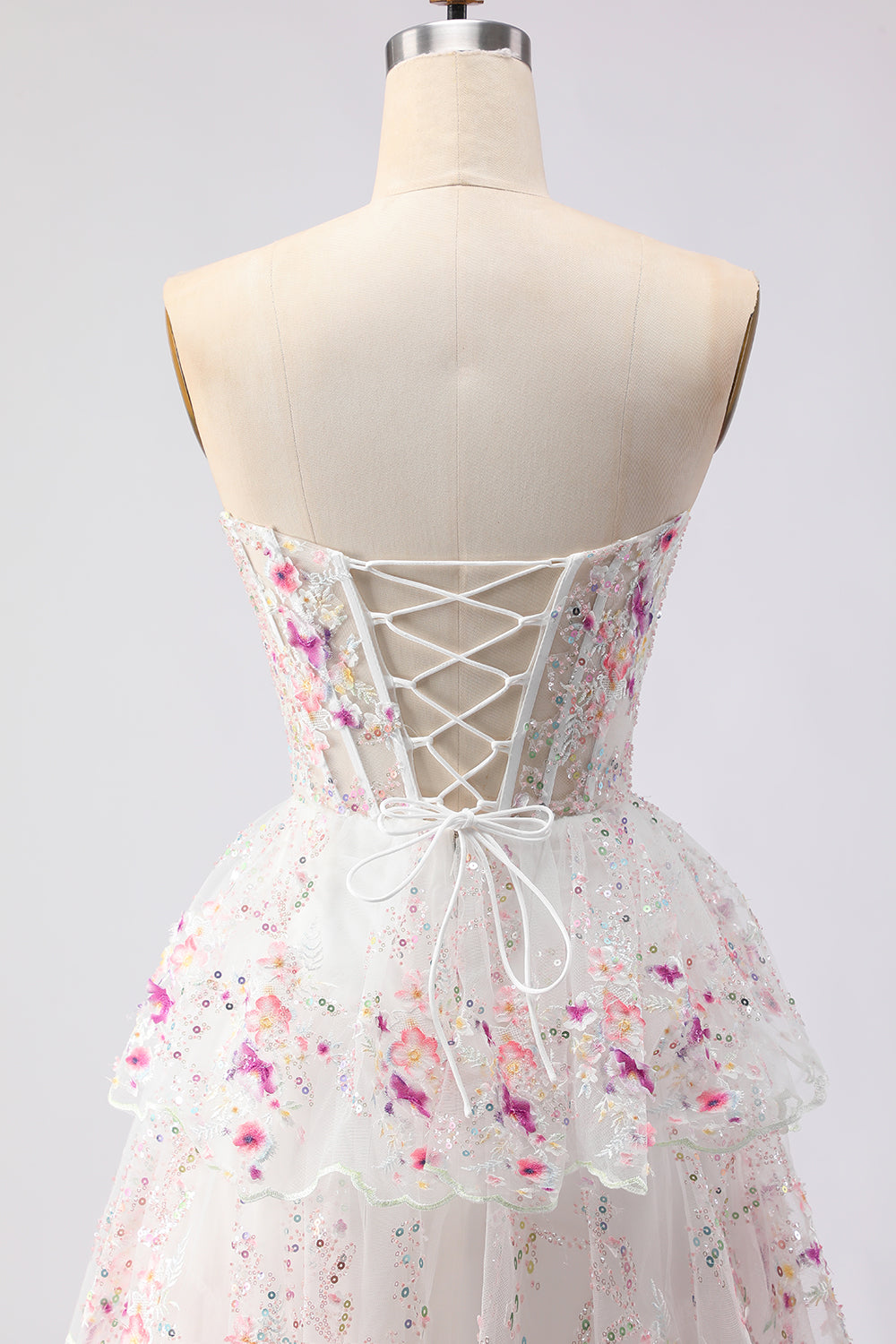 Black Pink Flower A-Line Strapless Tiered Sequin Long Prom Dress with Lace Up Back