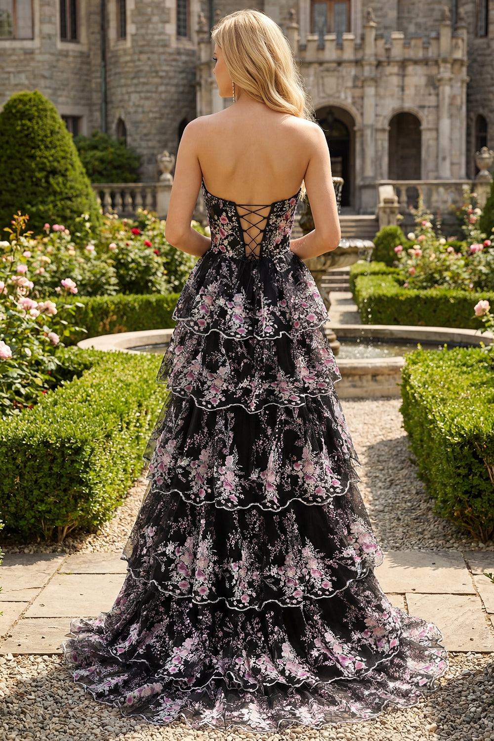 Black Pink Flower A-Line Strapless Tiered Sequin Long Prom Dress with Lace Up Back