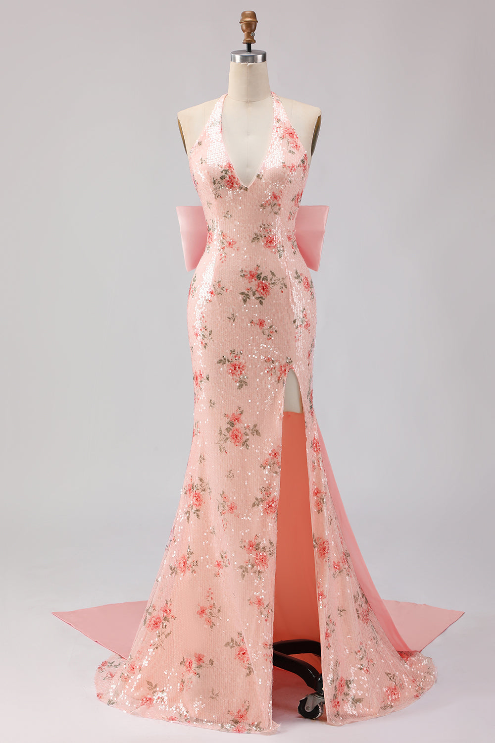Robe de soirée longue sirène fendue à sequins scintillante avec grand nœud et dos nu