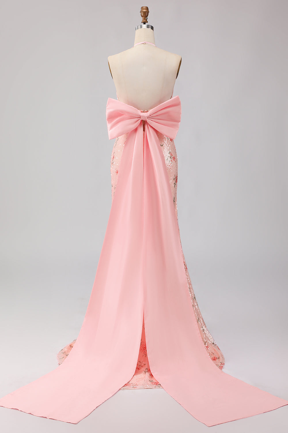 Robe de soirée longue sirène fendue à sequins scintillante avec grand nœud et dos nu