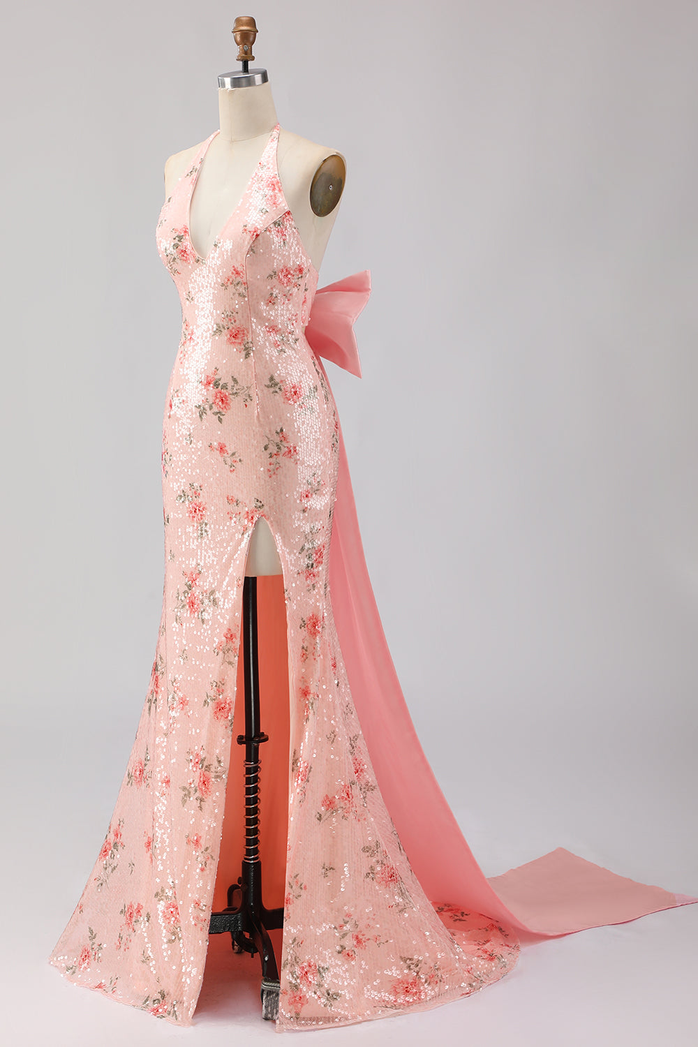Robe de soirée longue sirène fendue à sequins scintillante avec grand nœud et dos nu