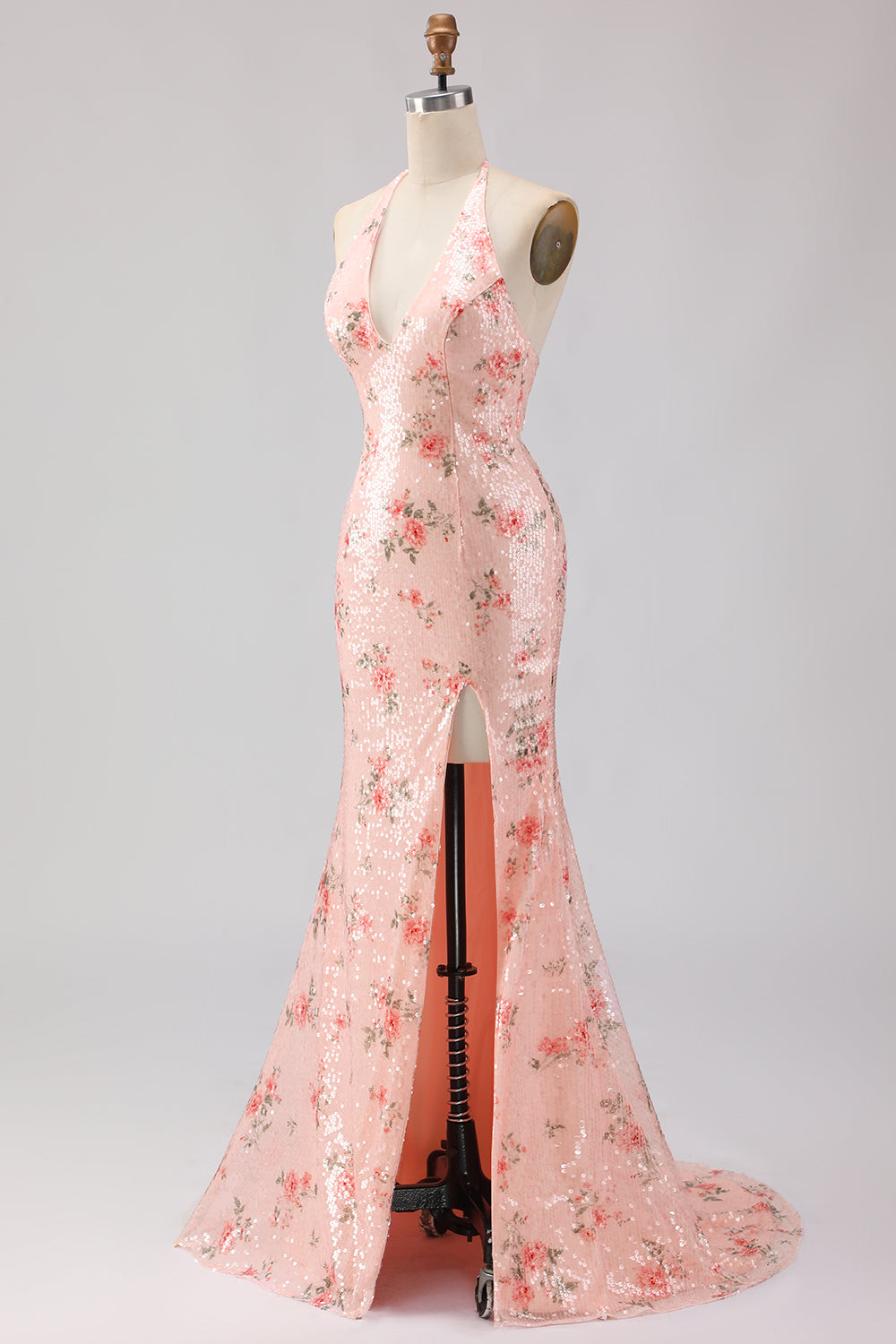 Robe de soirée longue sirène fendue à sequins scintillante avec grand nœud et dos nu
