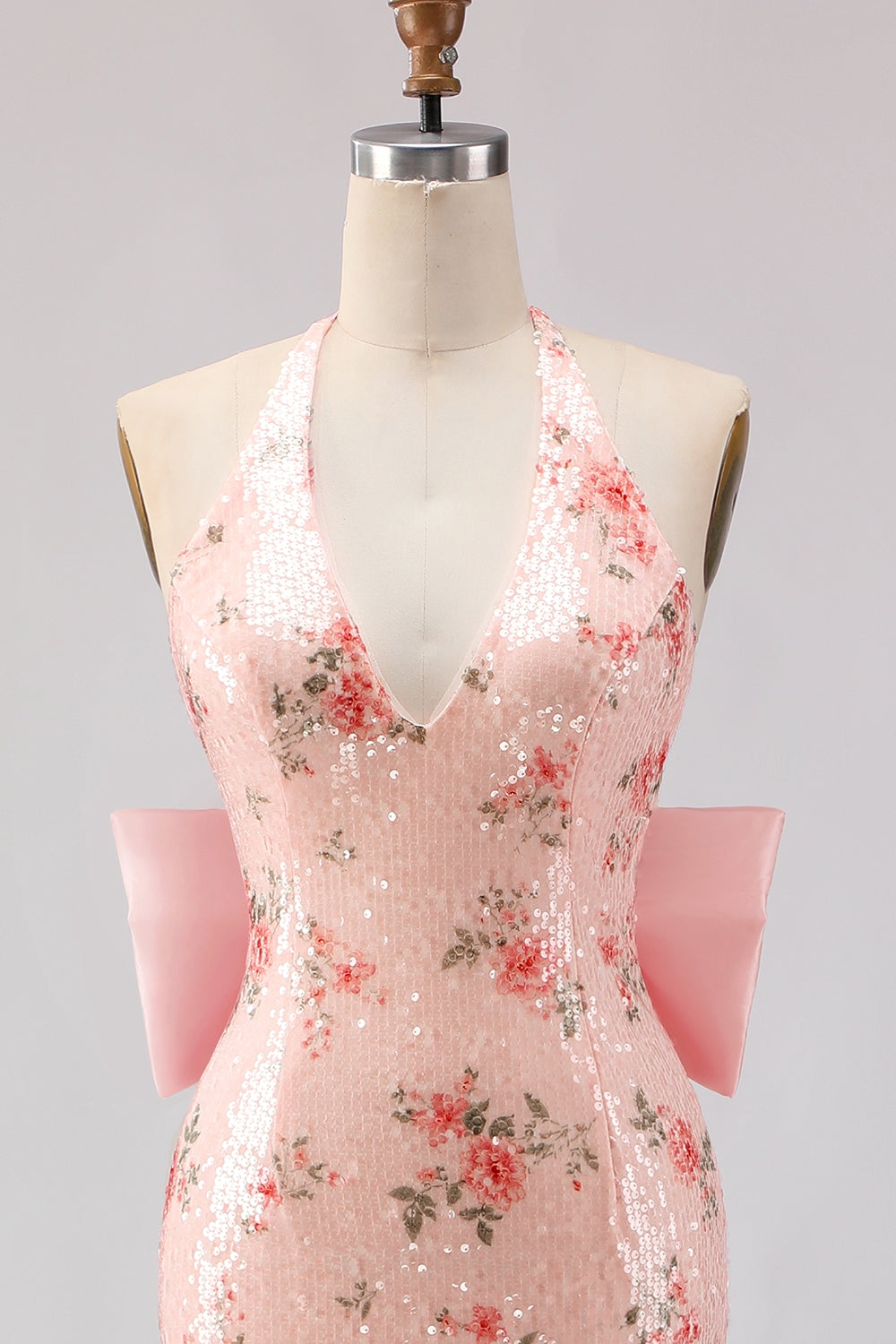 Robe de soirée longue sirène fendue à sequins scintillante avec grand nœud et dos nu