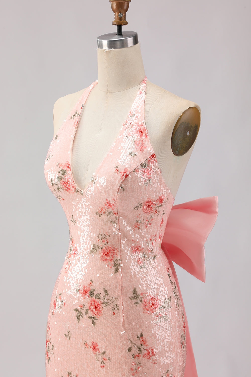 Robe de soirée longue sirène fendue à sequins scintillante avec grand nœud et dos nu