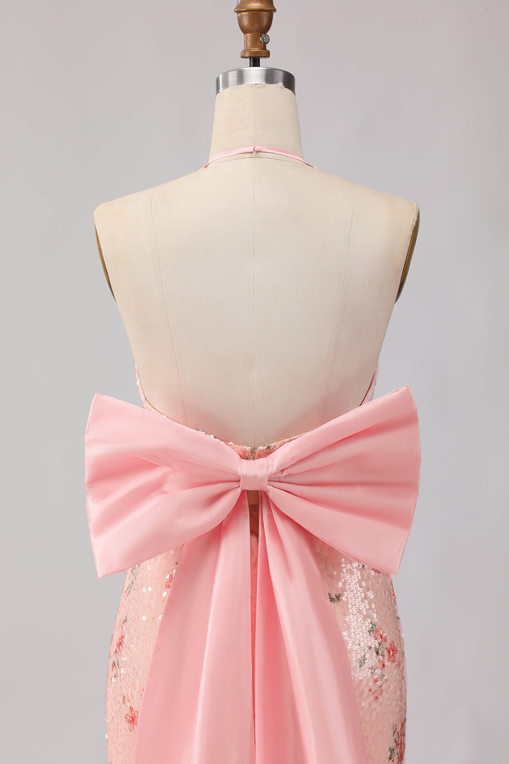 Robe de soirée longue sirène fendue à sequins scintillante avec grand nœud et dos nu