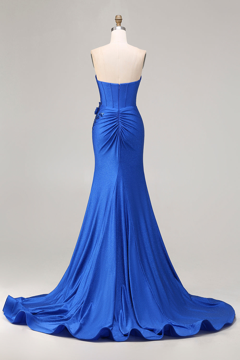Royal Blue Strapless Mermaid 3D Flowers Beaded Long Prom Dress with Slit