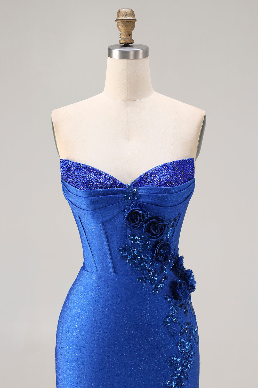 Royal Blue Strapless Mermaid 3D Flowers Beaded Long Prom Dress with Slit