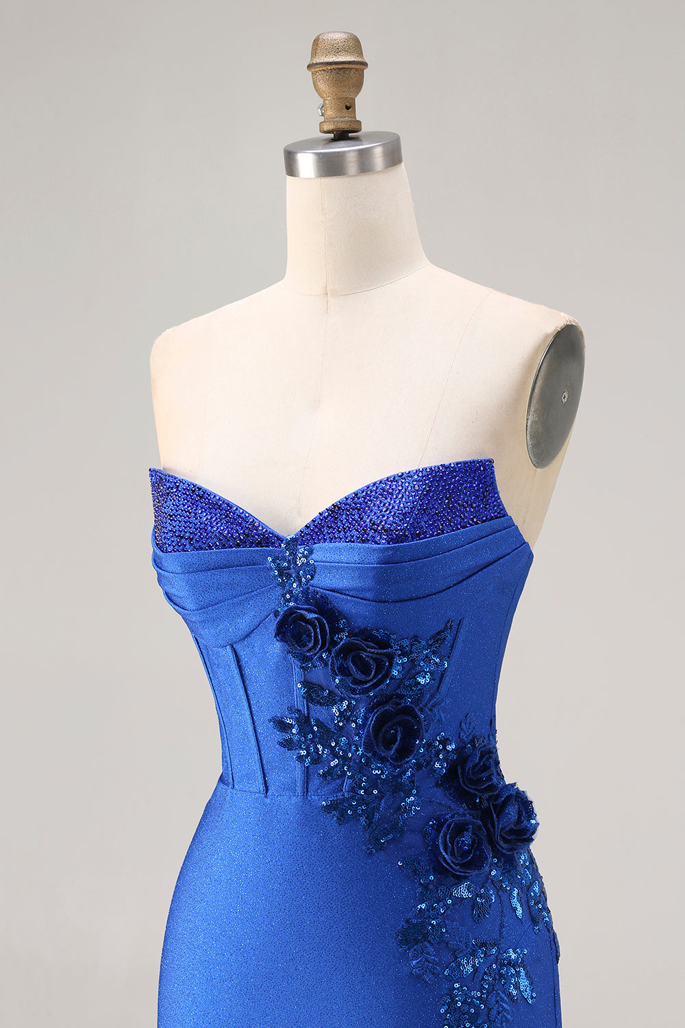 Royal Blue Strapless Mermaid 3D Flowers Beaded Long Prom Dress with Slit