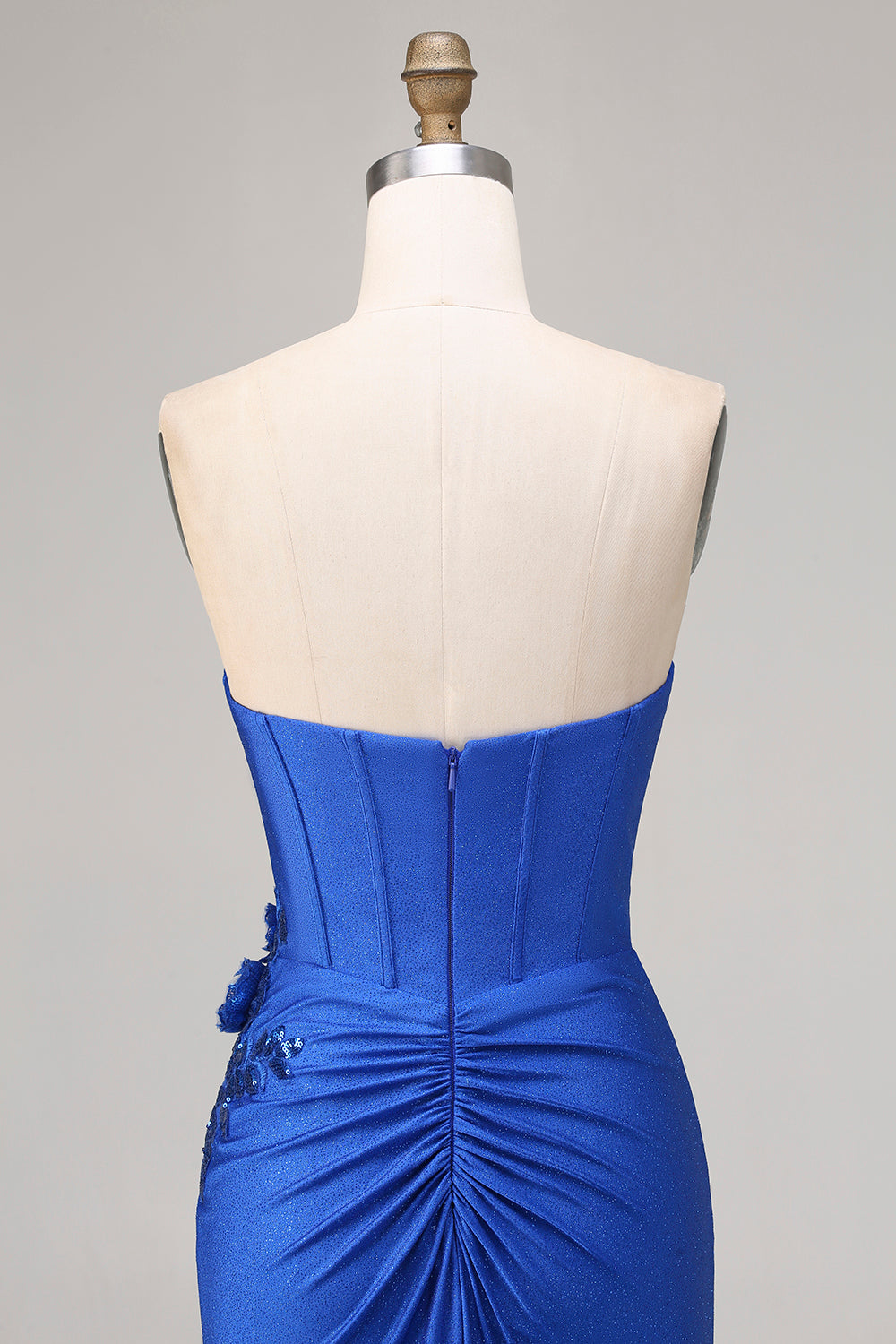 Royal Blue Strapless Mermaid 3D Flowers Beaded Long Prom Dress with Slit