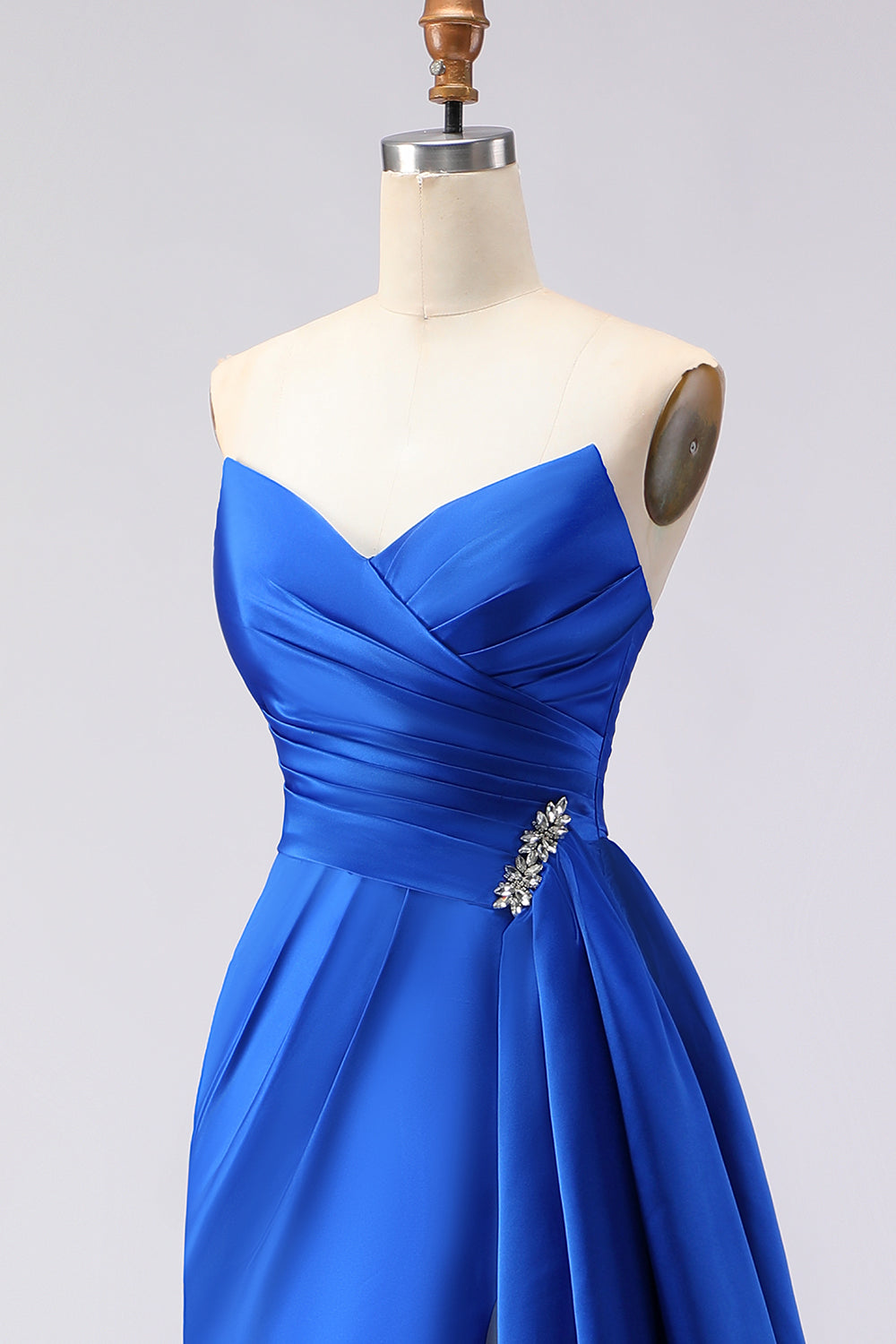 Royal Blue Strapless Mermaid Beaded Long Satin Prom Dress with Slit