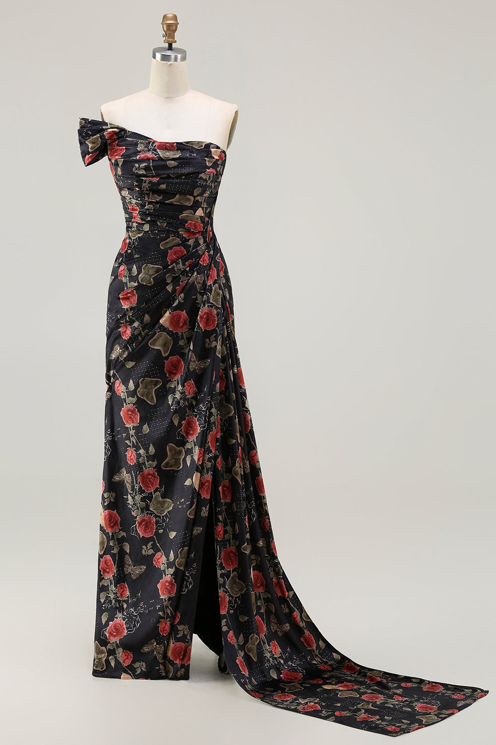 One Shoulder Sheath Blush Floral Print Long Prom Dress with Train