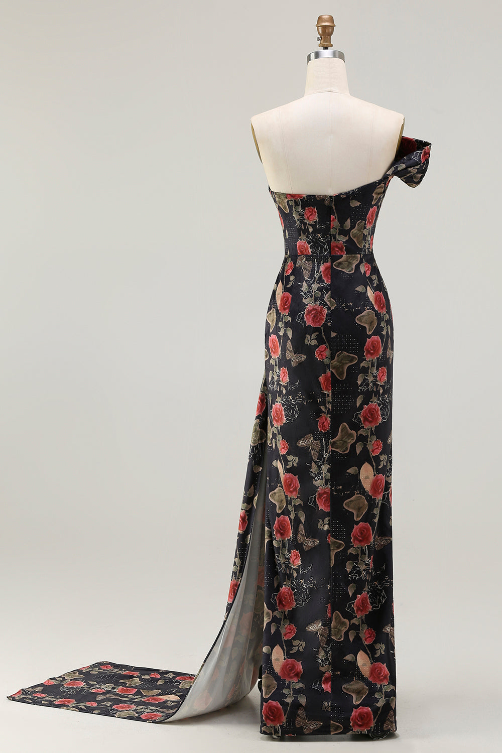 One Shoulder Sheath Blush Floral Print Long Prom Dress with Train