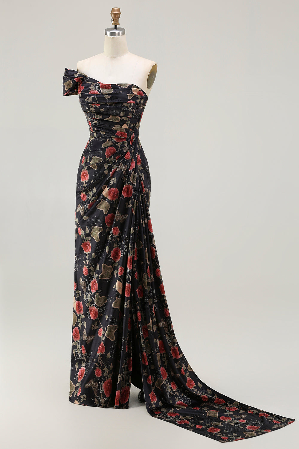 One Shoulder Sheath Blush Floral Print Long Prom Dress with Train
