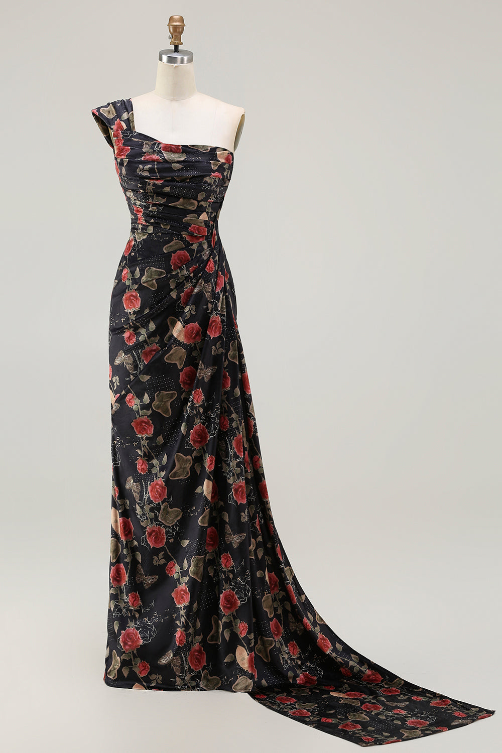 One Shoulder Sheath Blush Floral Print Long Prom Dress with Train
