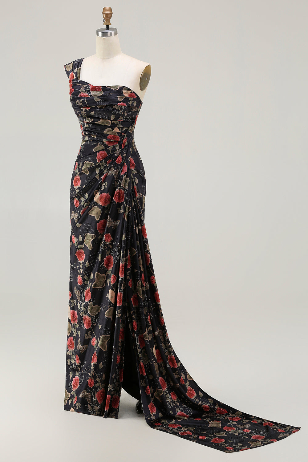 One Shoulder Sheath Blush Floral Print Long Prom Dress with Train