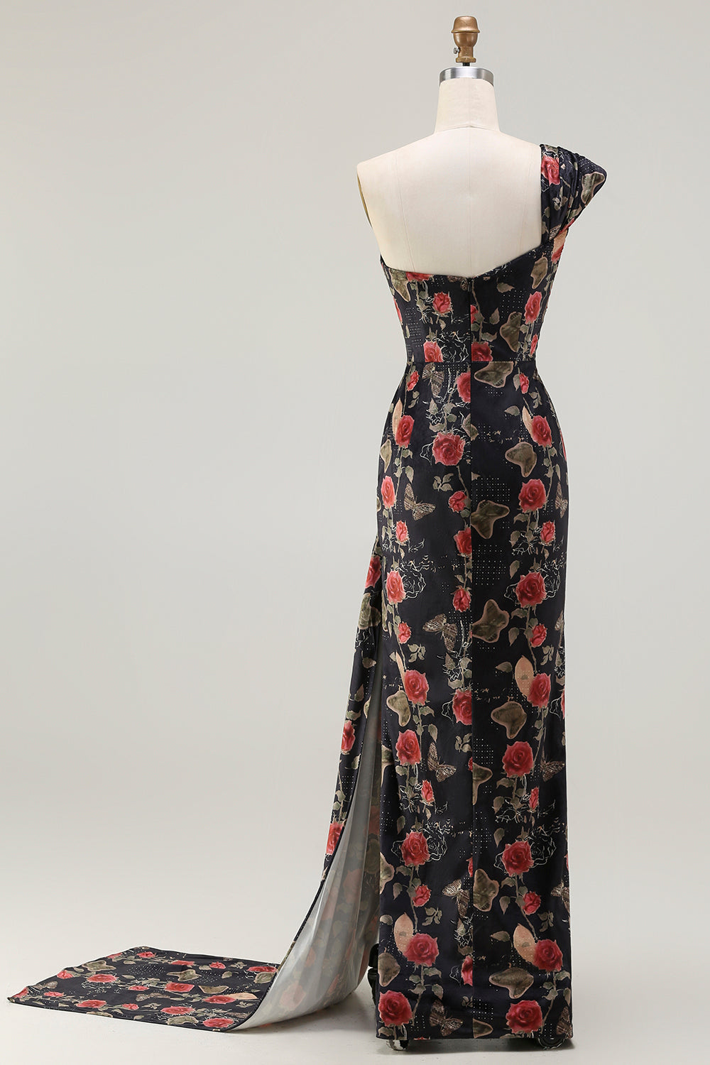 One Shoulder Sheath Blush Floral Print Long Prom Dress with Train