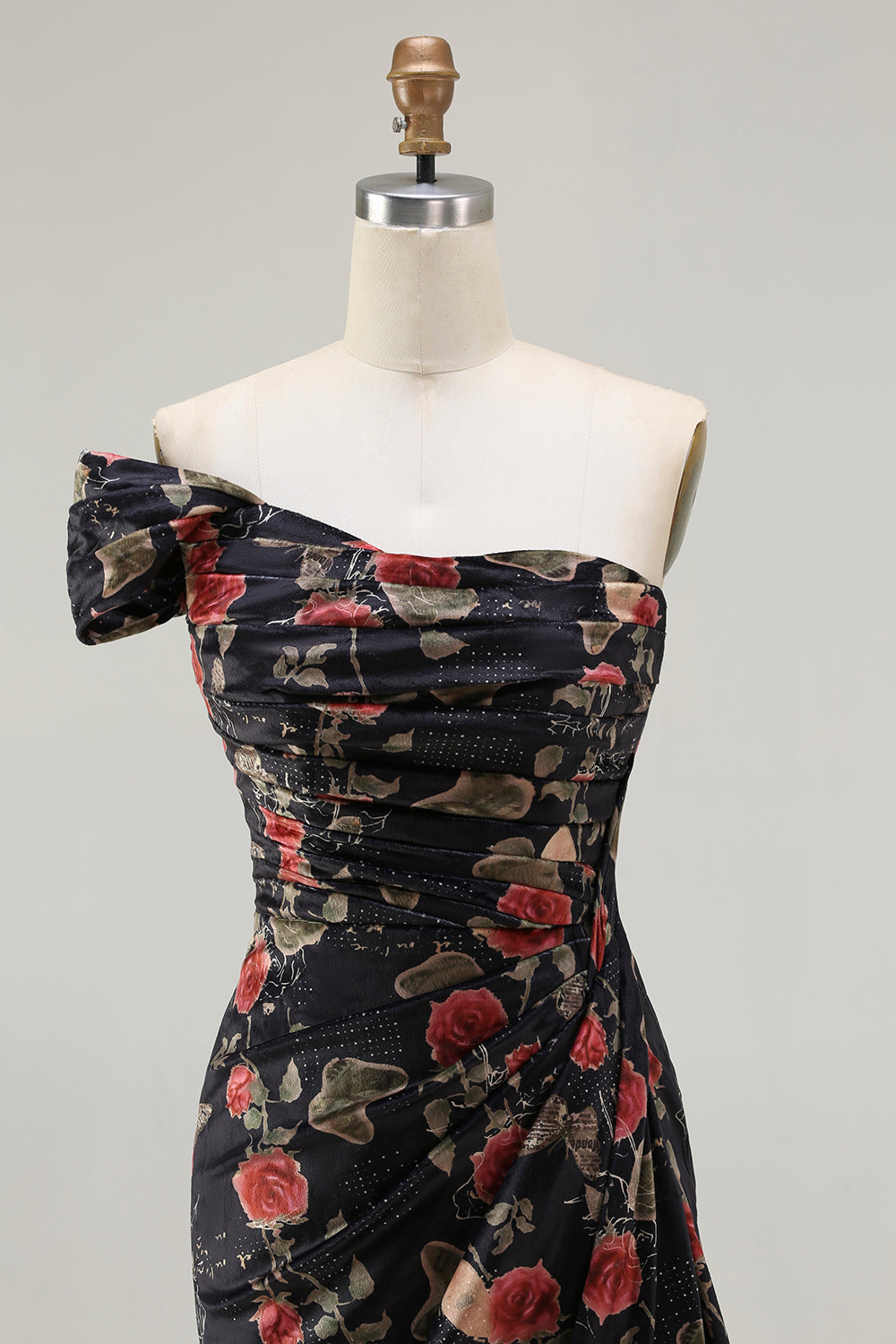 One Shoulder Sheath Blush Floral Print Long Prom Dress with Train