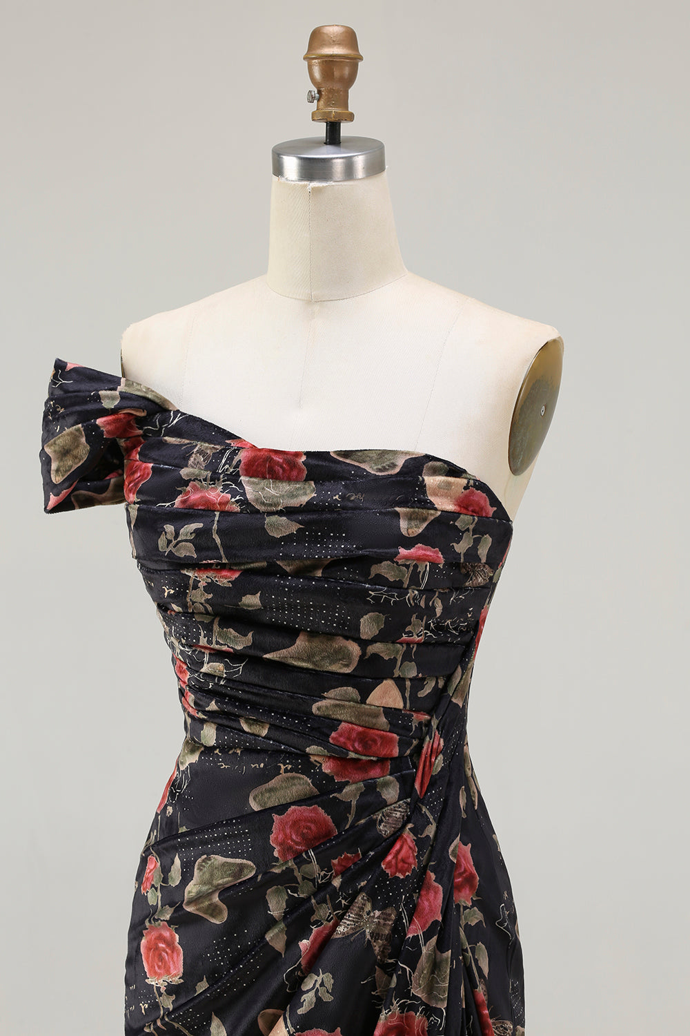 One Shoulder Sheath Blush Floral Print Long Prom Dress with Train