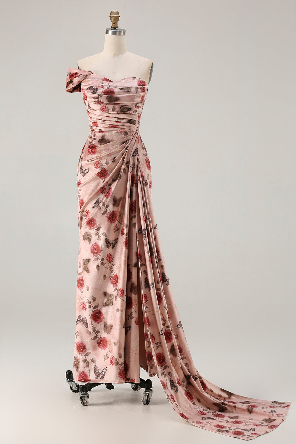 One Shoulder Sheath Blush Floral Print Long Prom Dress with Train