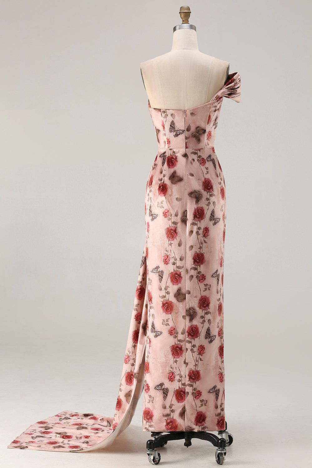 One Shoulder Sheath Blush Floral Print Long Prom Dress with Train