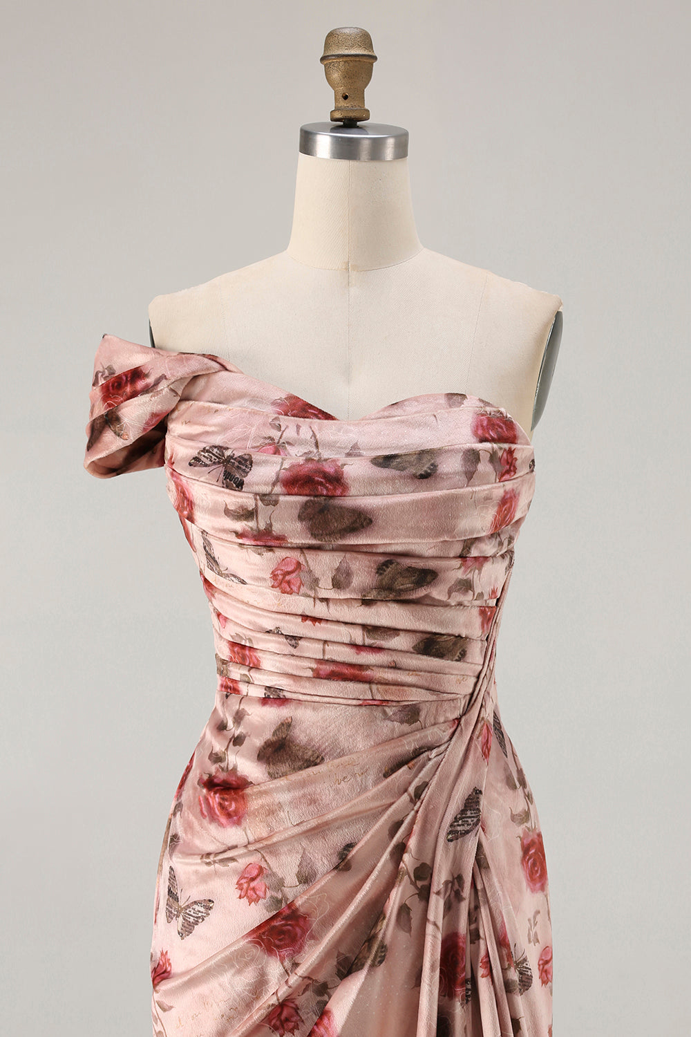One Shoulder Sheath Blush Floral Print Long Prom Dress with Train