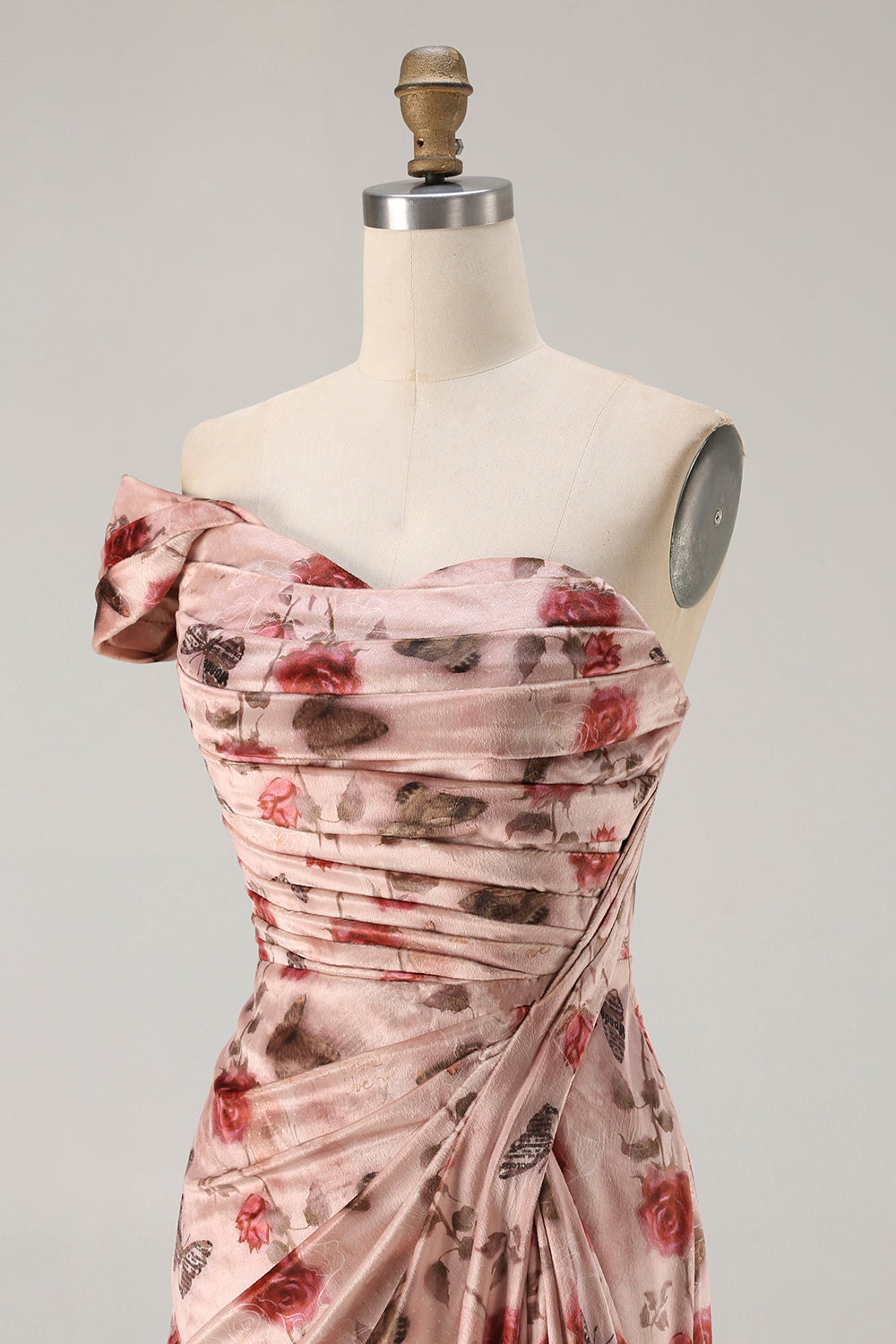 One Shoulder Sheath Blush Floral Print Long Prom Dress with Train