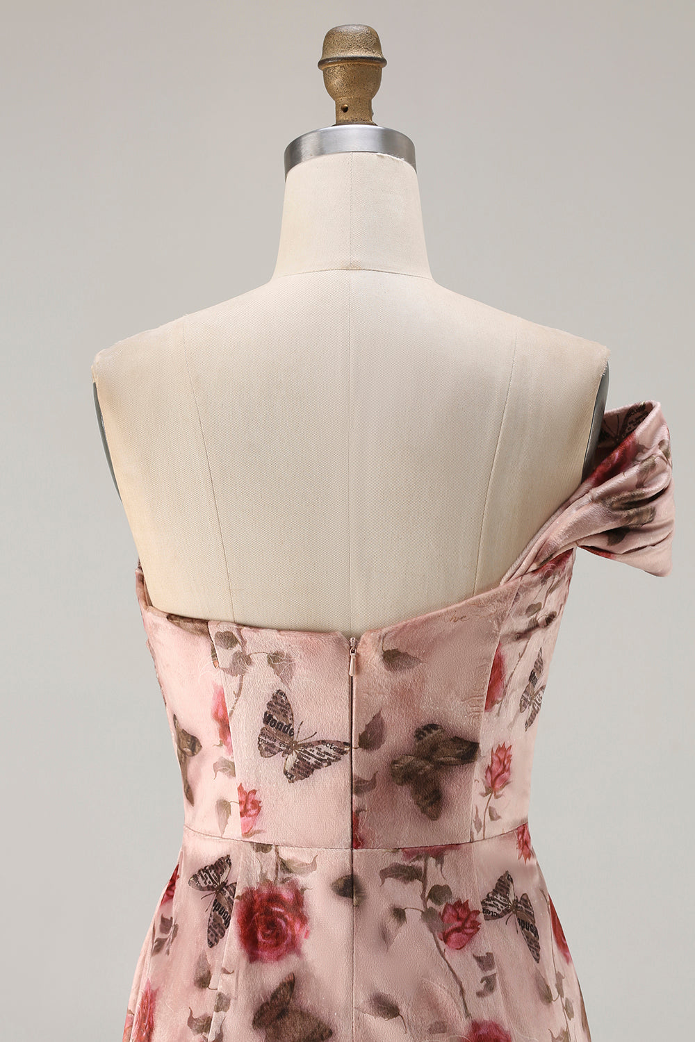 One Shoulder Sheath Blush Floral Print Long Prom Dress with Train