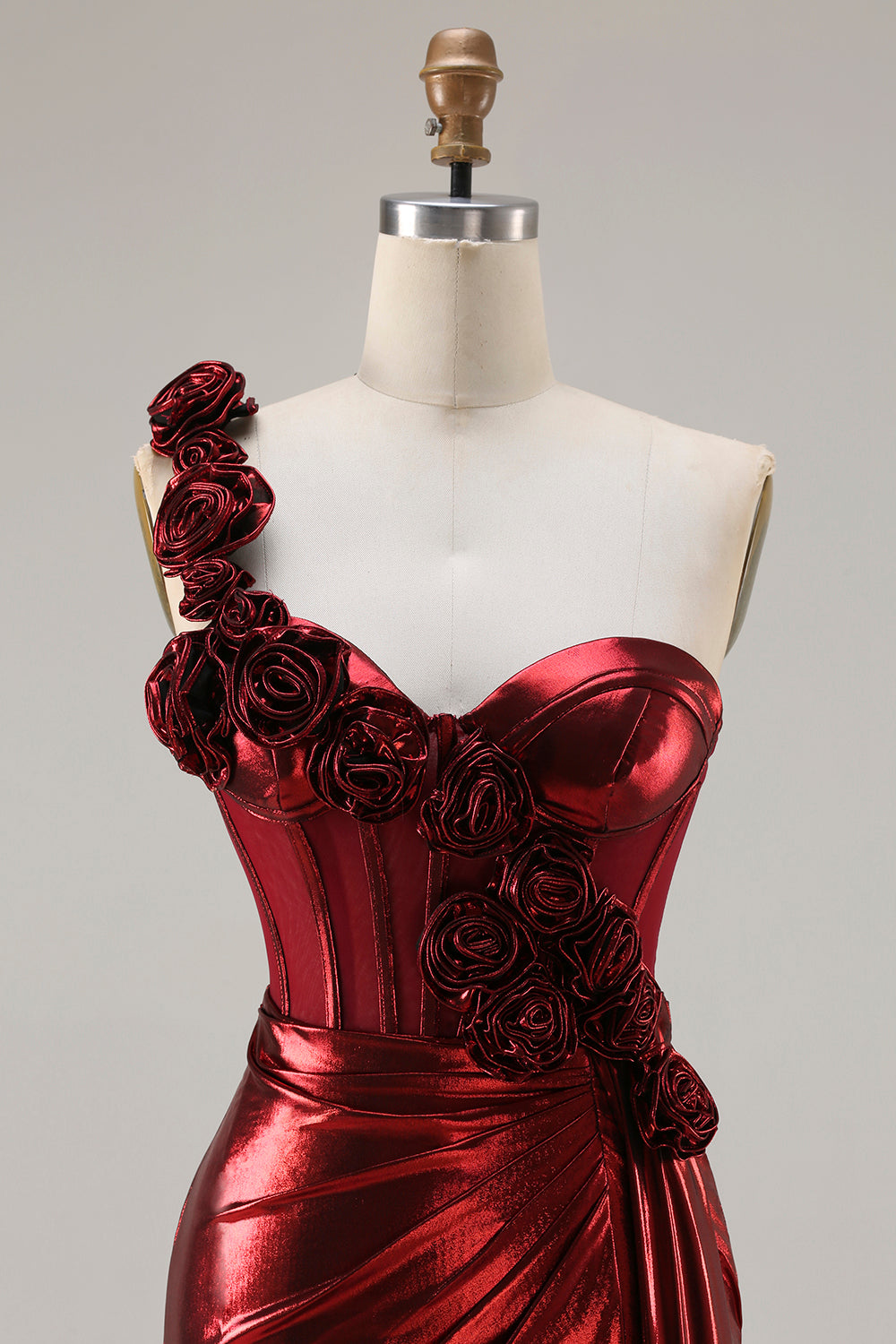 Metallic Burgundy One Shoulder Mermaid Side Slit Long Prom Dress with 3D Flowers