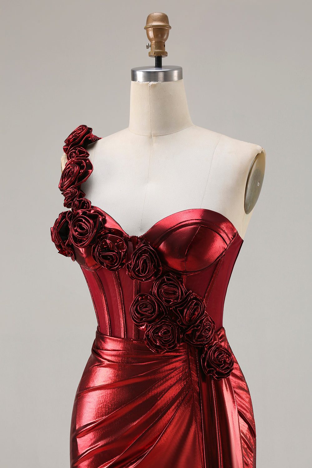 Metallic Burgundy One Shoulder Mermaid Side Slit Long Prom Dress with 3D Flowers