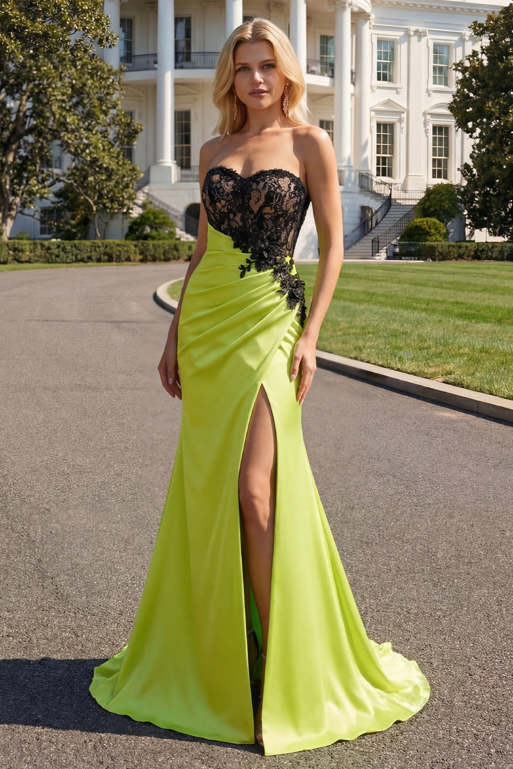 Strapless Mermaid Black Green Appliqued Lace Long Prom Dress with Slit