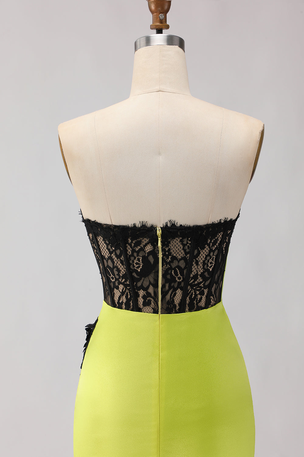 Strapless Mermaid Black Green Appliqued Lace Long Prom Dress with Slit