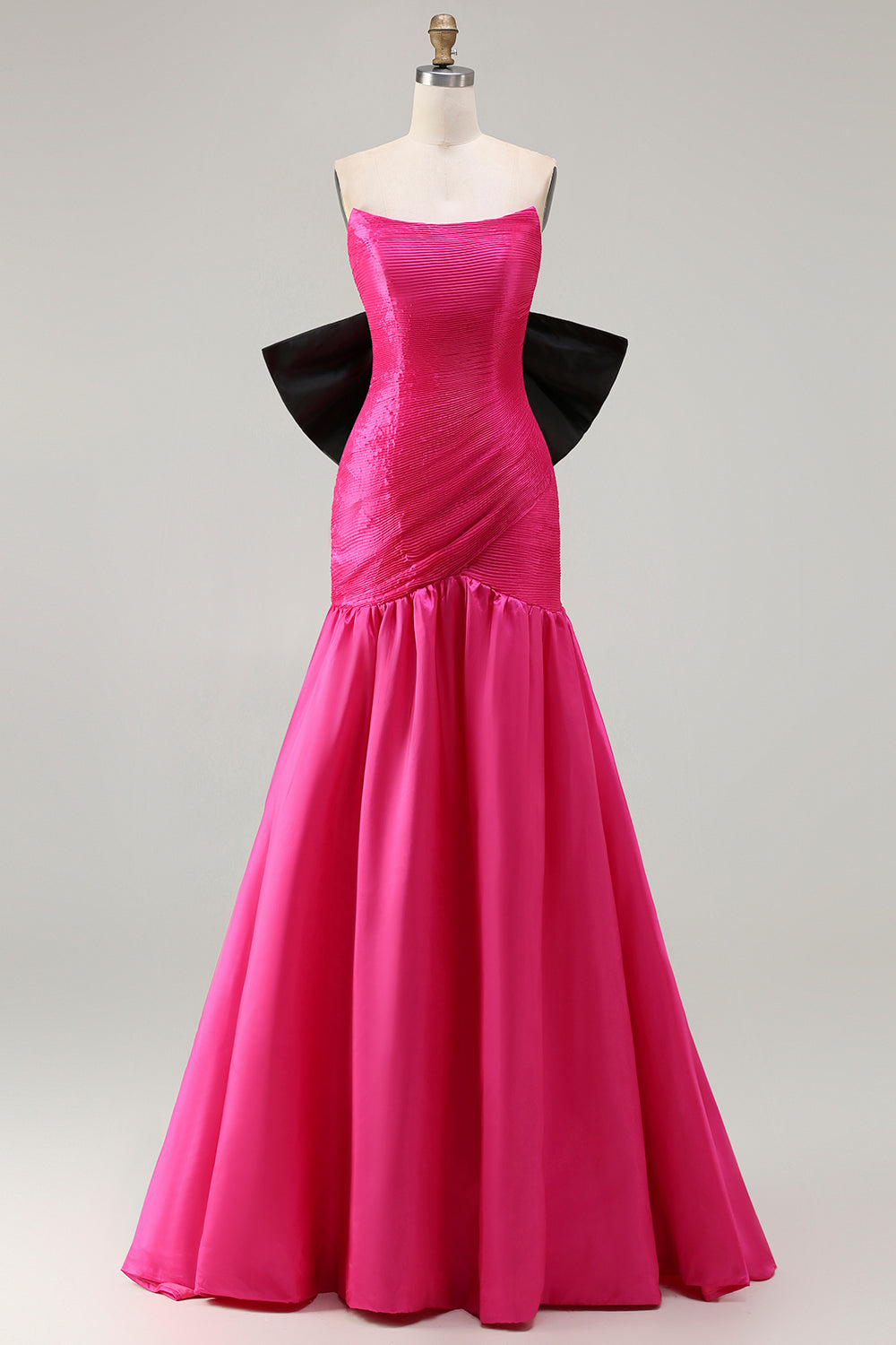 Strapless Fuchsia A-Line Convertible Satin Long Prom Dress with Large Bow