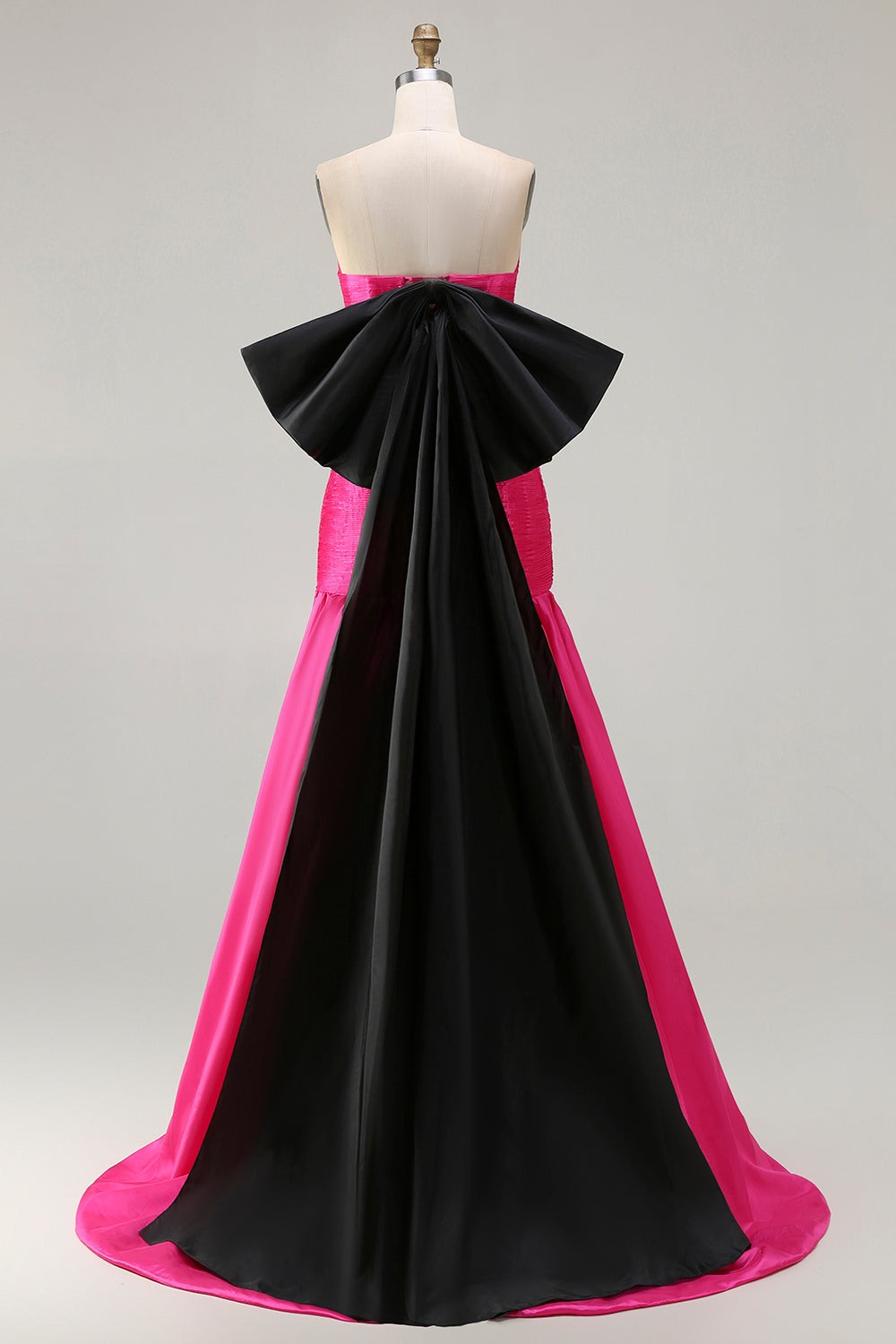 Strapless Fuchsia A-Line Convertible Satin Long Prom Dress with Large Bow