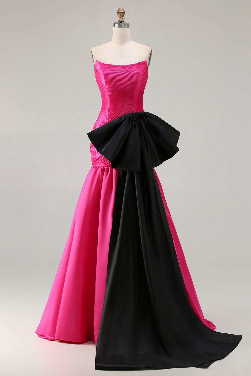 Strapless Fuchsia A-Line Convertible Satin Long Prom Dress with Large Bow