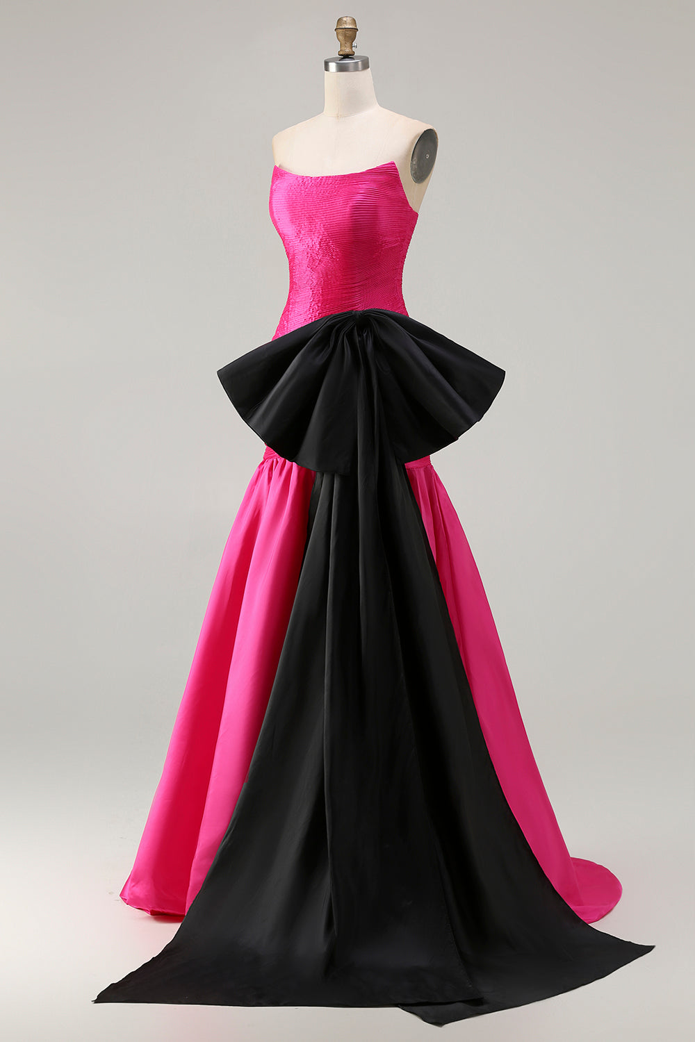 Strapless Fuchsia A-Line Convertible Satin Long Prom Dress with Large Bow