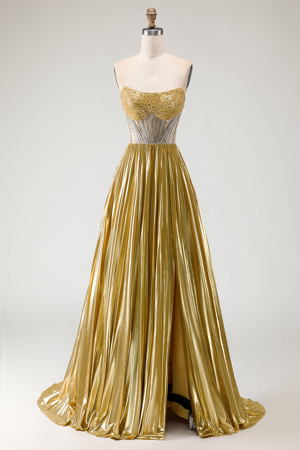 Metallic Golden Strapless Pleated A-Line Beaded Corset Long Prom Dress with Slit