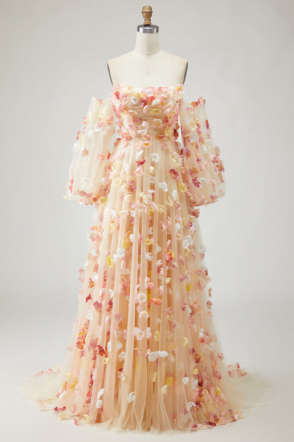 Champagne Strapless A Line 3D Flowers Plus Size Long Prom Dress with Removable Sleeves