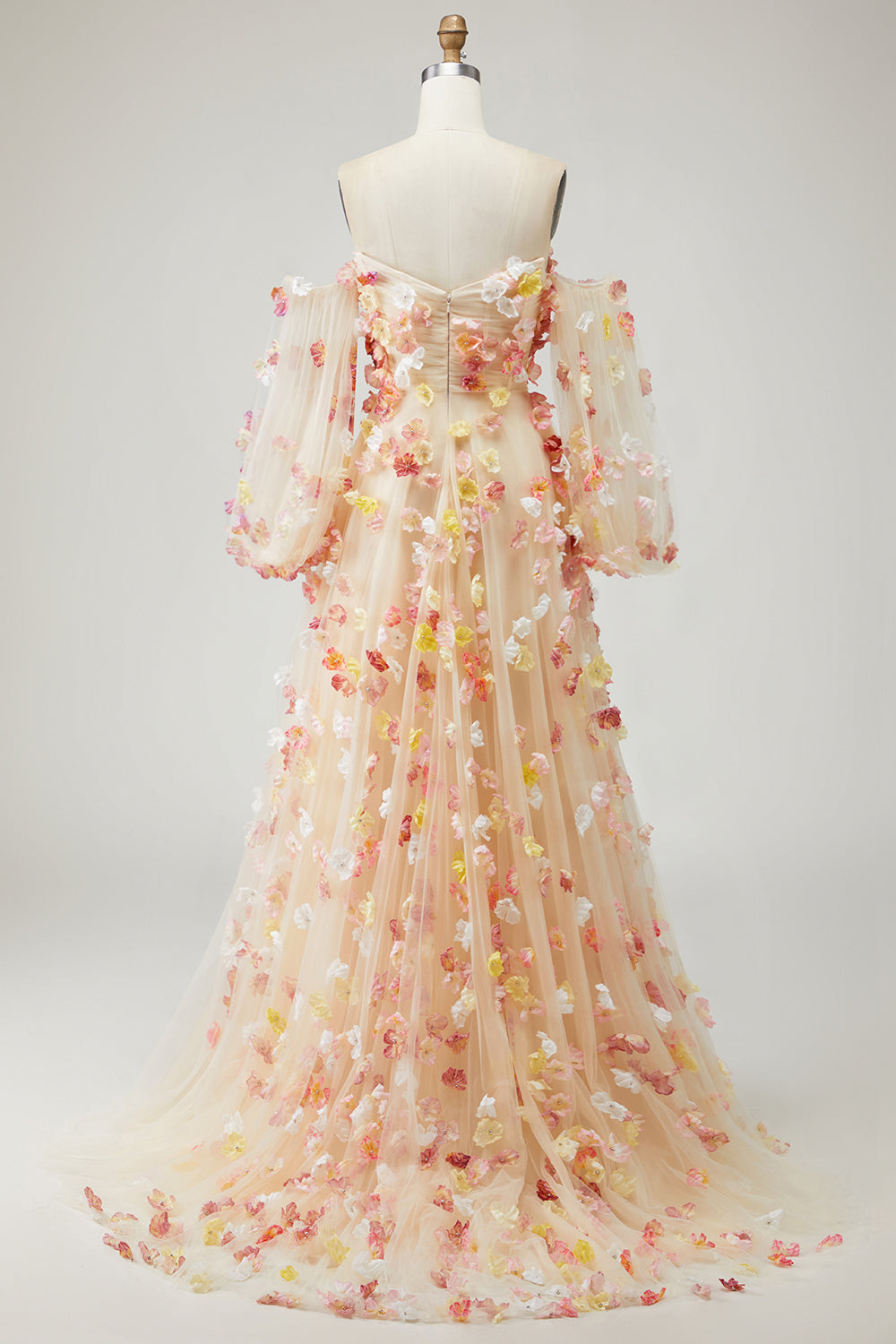 Champagne Strapless A Line 3D Flowers Plus Size Long Prom Dress with Removable Sleeves