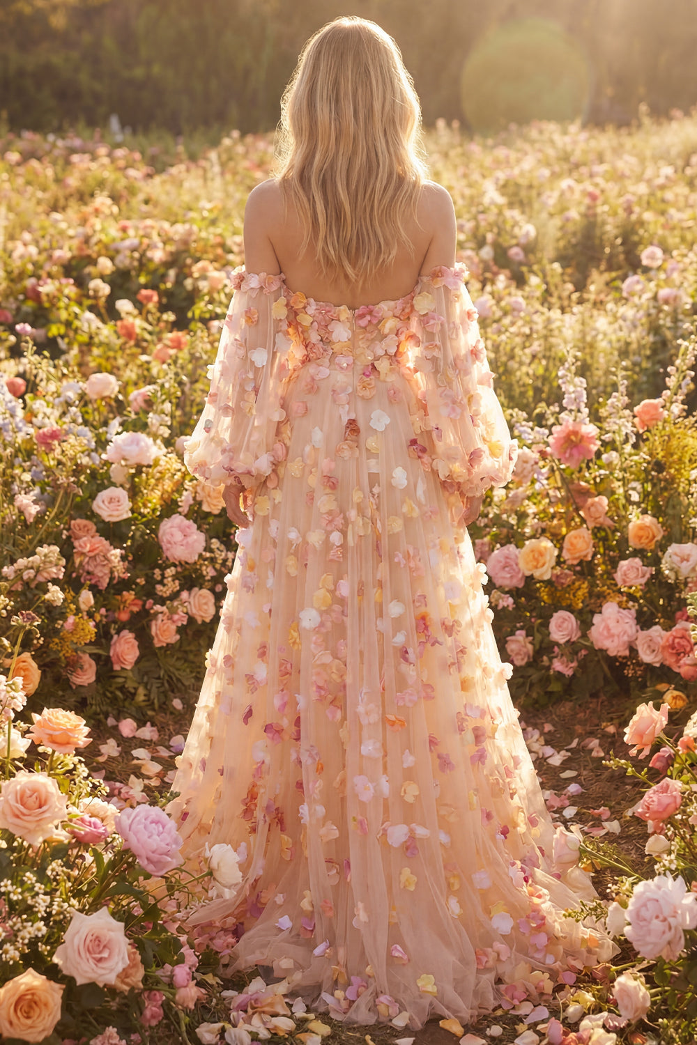 Champagne Strapless A Line Tulle Convertible Long Prom Dress with 3D Flowers